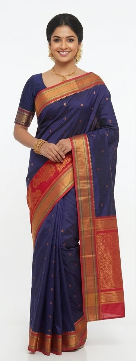 Premium Bangalore Silk Saree in Royal Blue with Red & Gold Zari Border | Traditional Wedding & Festive Wear Saree