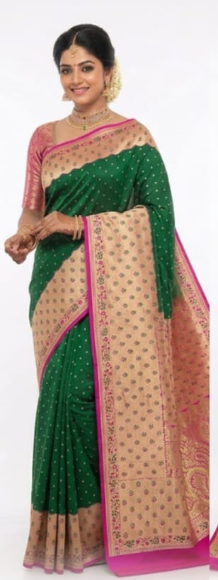 Elegant Green Banarasi Bridal Saree with Gold Zari & Contrast Pink Border | Wedding & Festive Wear | JBBS90