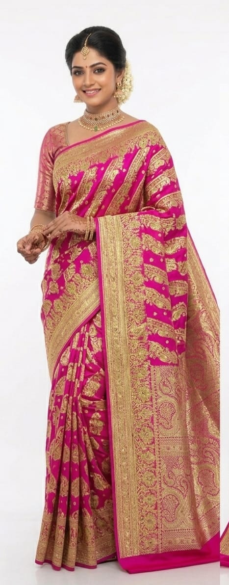 Premium Rani Pink Banarasi Bridal Saree with Rich Gold Zari Weaving | Wedding & Festive Wear | JBBS51