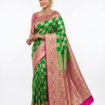 Premium Green Banarasi Bridal Silk Saree with Pink Zari Border | Wedding Designer Saree | Juss Apparels