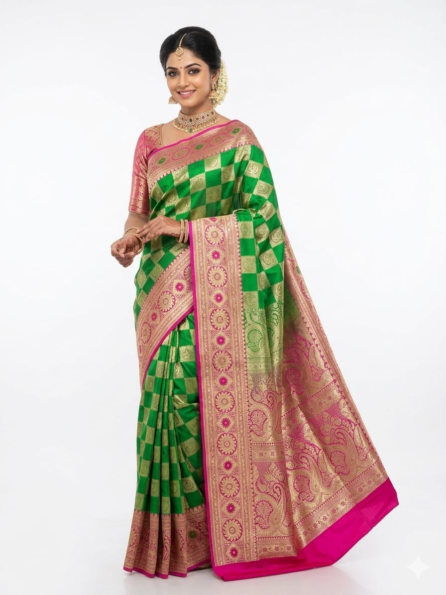 Premium Green Banarasi Bridal Silk Saree with Pink Zari Border | Wedding Designer Saree | Juss Apparels