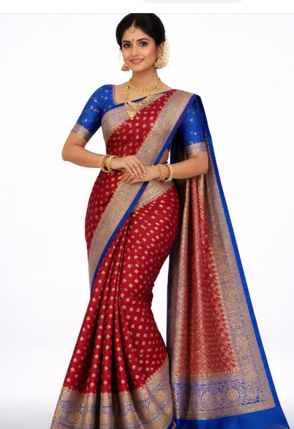 Royal Red & Blue Banarasi Bridal Silk Saree with Gold Zari Weaving | Traditional Wedding Wear |