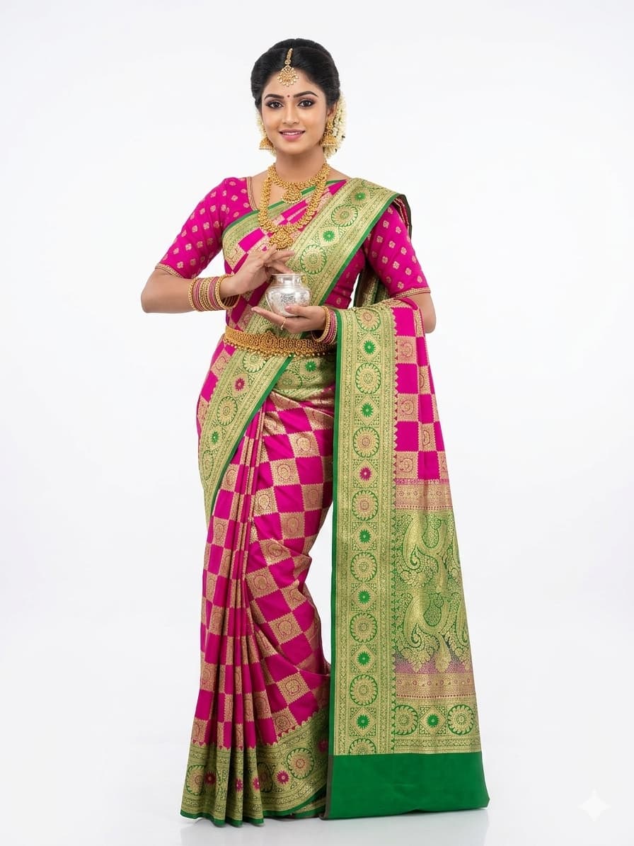 Rani Pink & Green Banarasi Bridal Silk Saree with Zari Check Weaving | Traditional Wedding Wear |