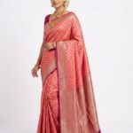 Premium Coral Pink Banarasi Bridal Silk Saree with Zari Weaving | Wedding & Festive Wear |
