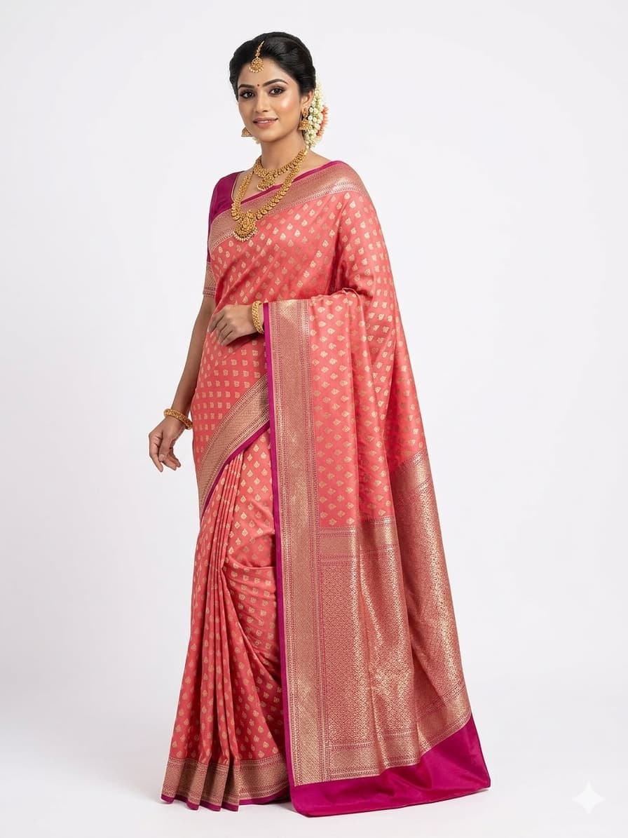 Premium Coral Pink Banarasi Bridal Silk Saree with Zari Weaving | Wedding & Festive Wear |