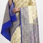 Luxury Cream & Royal Blue Banarasi Bridal Saree with Zari Weaving | Premium Wedding Silk Saree | Juss Apparels