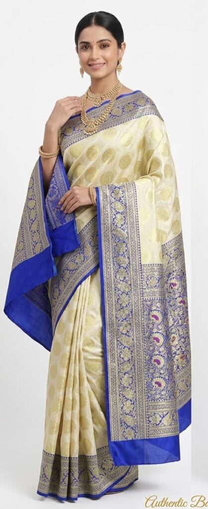 Luxury Cream & Royal Blue Banarasi Bridal Saree with Zari Weaving | Premium Wedding Silk Saree | Juss Apparels
