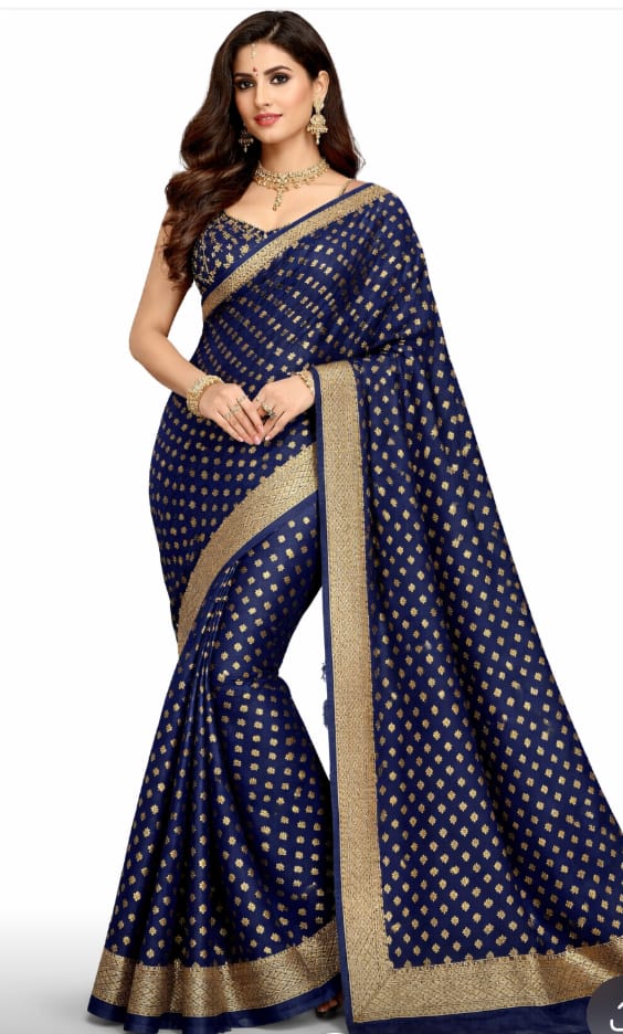 Royal Blue Art Silk Saree with Golden Zari Butta Work & Border