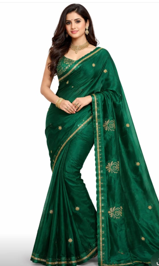 Premium Emerald Green Designer Saree with Elegant Gold Embroidery | Wedding & Party Wear Saree | JFS109