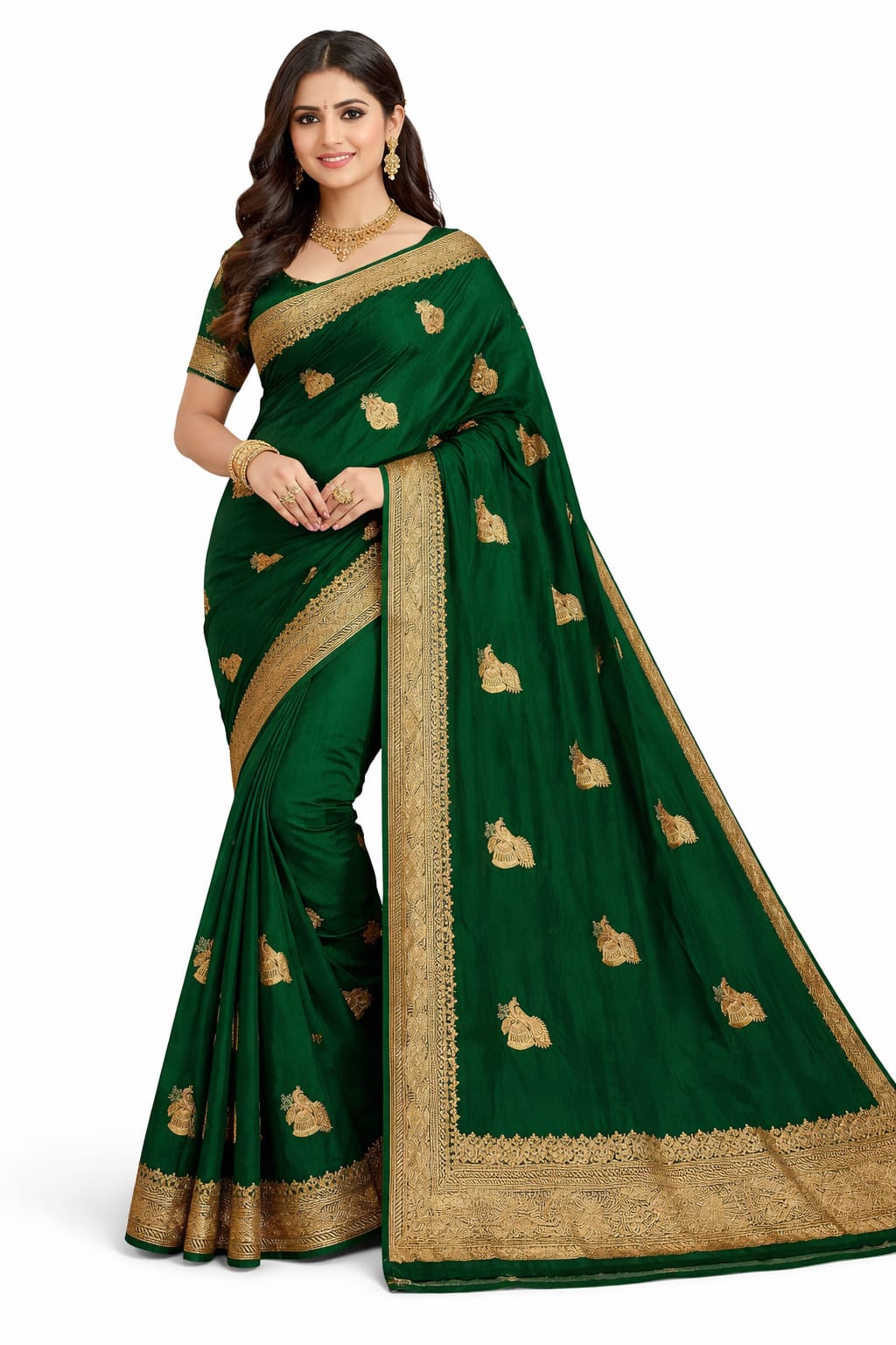 Luxury Dark Green Designer Saree with Rich Gold Zari Work | Wedding & Festive Wear Saree | JFS34