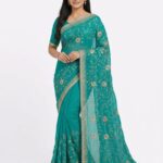 Elegant Teal Green Fancy Saree with Gold Embroidery | Designer Party Wear Saree | JFS48