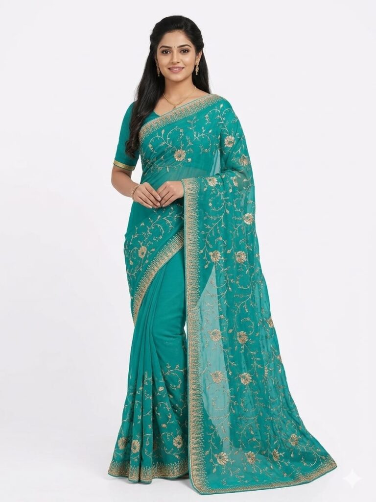 Elegant Teal Green Fancy Saree with Gold Embroidery | Designer Party Wear Saree | JFS48
