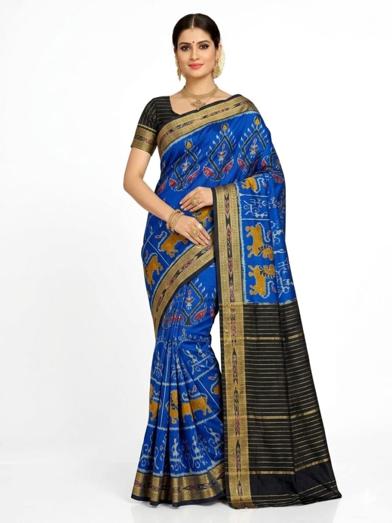 Royal Blue Bangalore Silk Saree with Sambalpuri Ikat Motifs & Gold Zari Border - JSMLS56