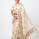 Premium Bangalore Silk Saree with Traditional Embroidery & Golden Zari Border - Off-White (JBS158)
