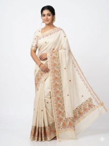 Premium Bangalore Silk Saree with Traditional Embroidery & Golden Zari Border - Off-White (JBS158)