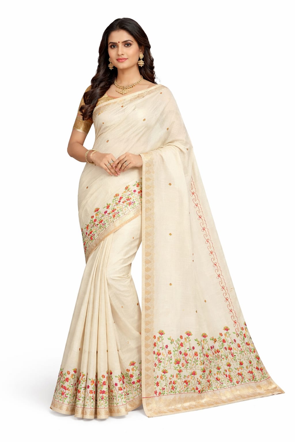Premium Bangalore Silk Saree with Traditional Embroidery & Golden Zari Border - Off-White (JBS155)