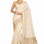 Premium Bangalore Silk Saree with Traditional Embroidery & Golden Zari Border - Off-White (JBS159)