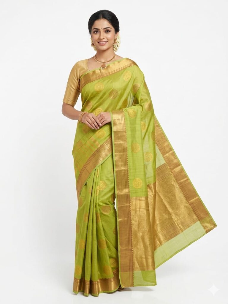 Lime Green Bangalore Silk Saree with Gold Zari Butta & Temple Border - SKU Jbs257