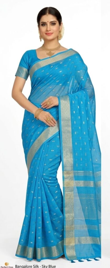 Sky Blue Bangalore Soft Silk Saree with Elegant Silver Zari Butta & Floral Border