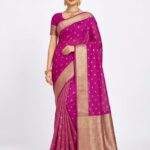 Magenta Purple Bangalore Soft Silk Saree with Traditional Gold Zari Butta & Floral Border