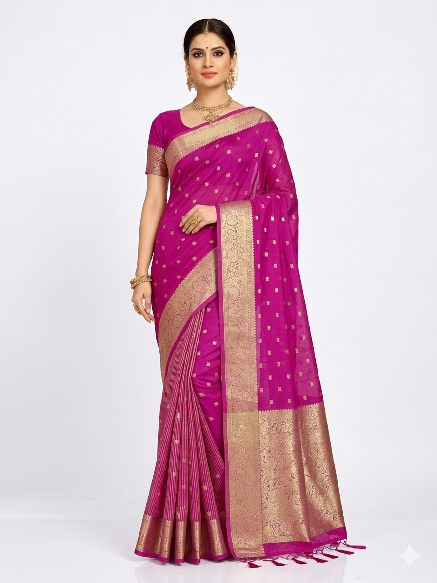 Magenta Purple Bangalore Soft Silk Saree with Traditional Gold Zari Butta & Floral Border