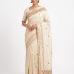 Elegant Cream Bangalore Silk Saree with Golden Zari Border & Subtle Embroidery | Classic Festive Wear
