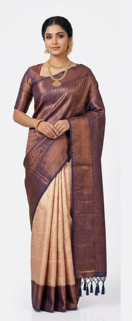 Elegant Dual Tone Bangalore Silk Saree in Copper & Beige with Rich Woven Design | Festive & Wedding Wear
