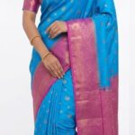 Sky Blue Bangalore Silk Saree with Pink Zari Border | Traditional Wedding & Festive Wear Silk Saree | JBS104