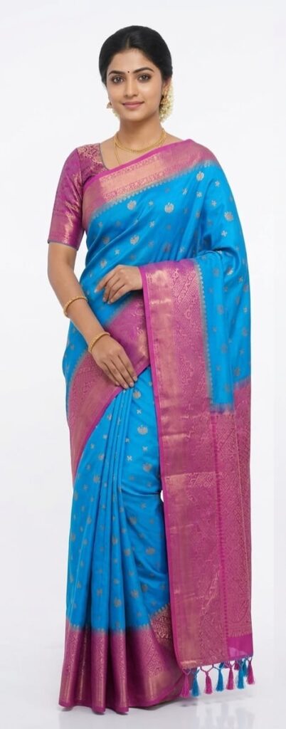 Sky Blue Bangalore Silk Saree with Pink Zari Border | Traditional Wedding & Festive Wear Silk Saree | JBS104