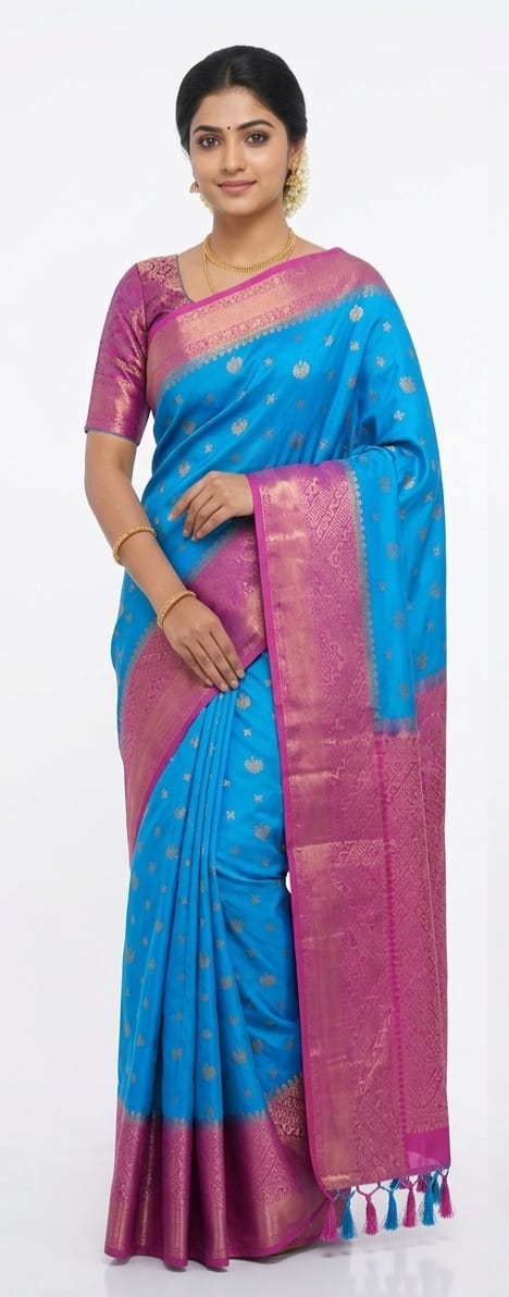 Sky Blue Bangalore Silk Saree with Pink Zari Border | Traditional Wedding & Festive Wear Silk Saree | JBS104