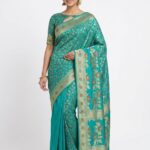 Teal Bangalore Silk Saree with Gold Floral Zari Work | Premium Wedding & Festive Wear Saree | JBS95