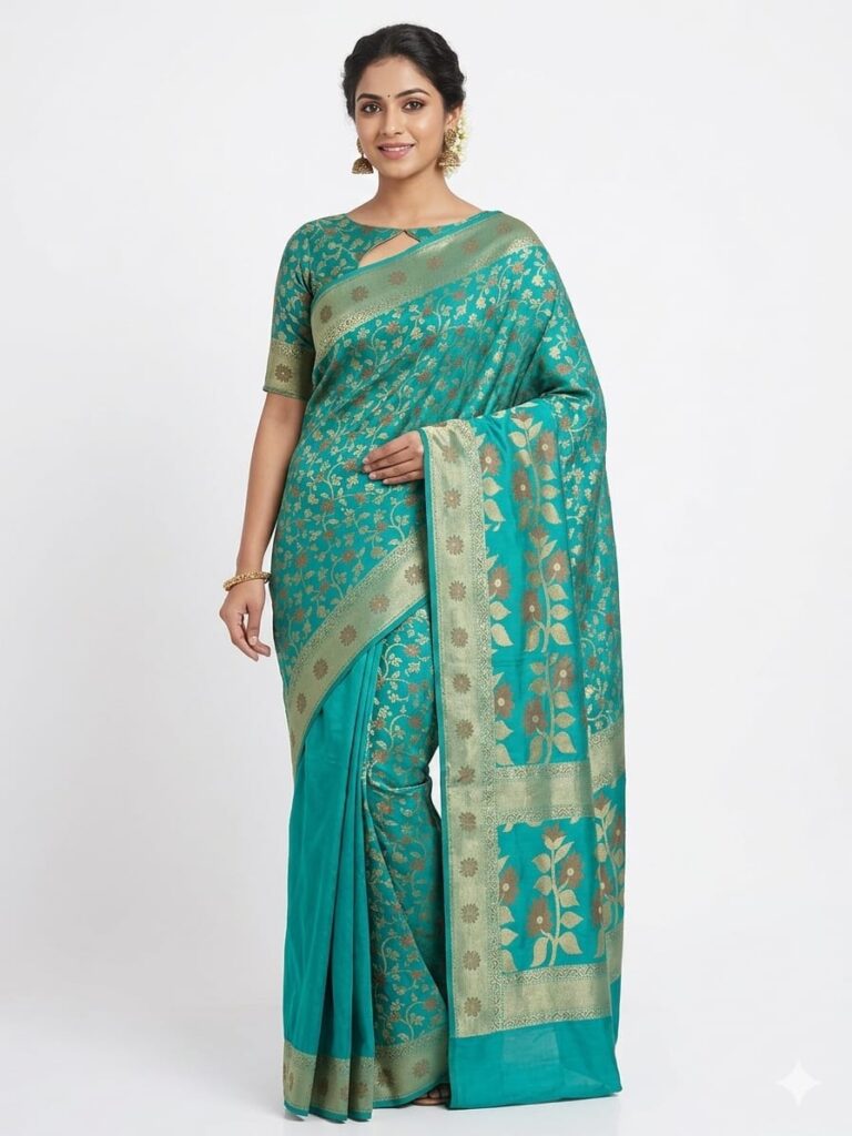 Teal Bangalore Silk Saree with Gold Floral Zari Work | Premium Wedding & Festive Wear Saree | JBS95