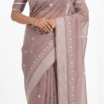 Mauve Taupe Bangalore Silk Saree with White Geometric Thread Borders – JBS167