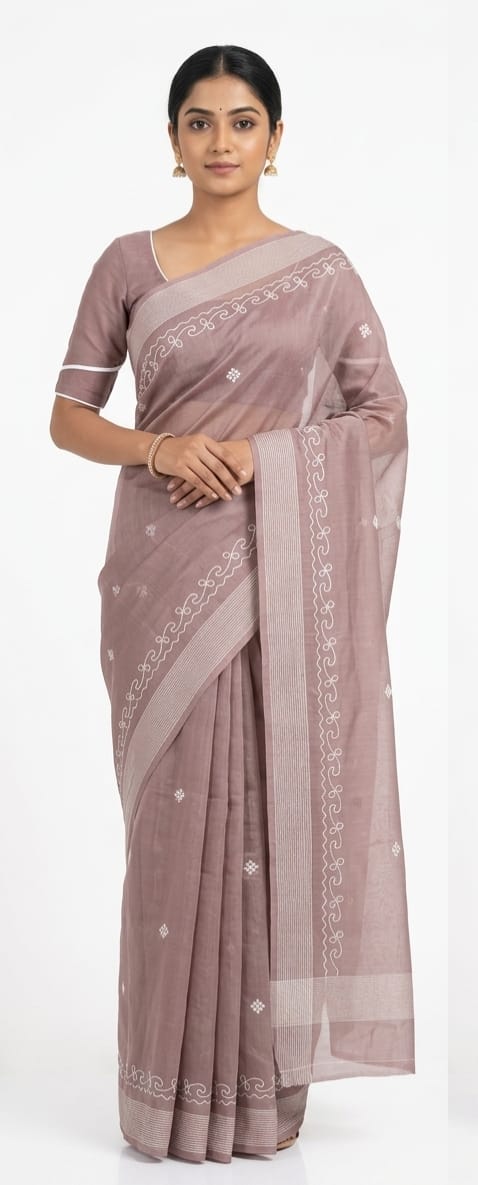 Mauve Taupe Bangalore Silk Saree with White Geometric Thread Borders – JBS167