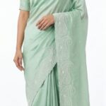 Sage Green Bangalore Silk Saree with Exquisite White Paisley Embroidery – JBS225
