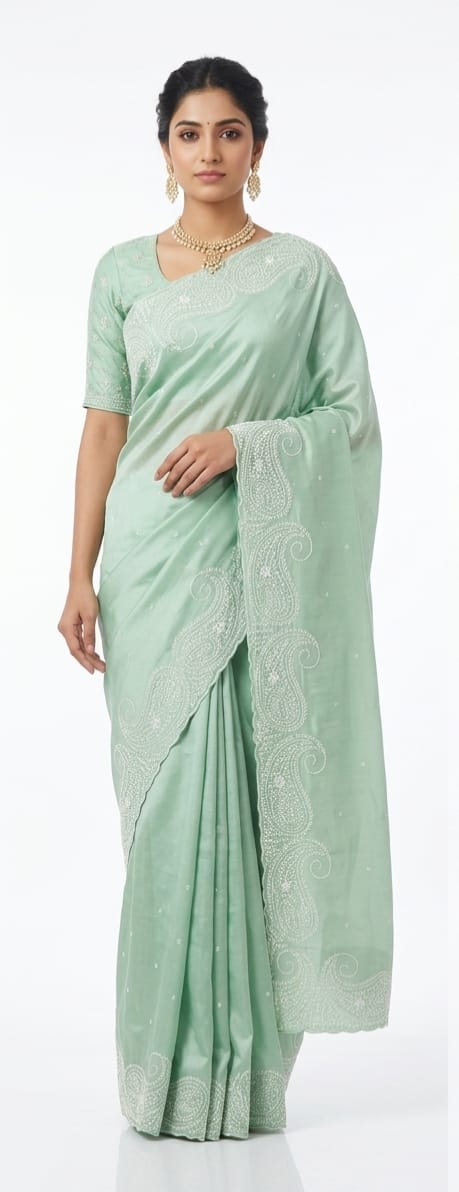 Sage Green Bangalore Silk Saree with Exquisite White Paisley Embroidery – JBS225