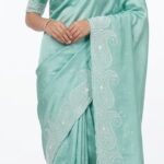 Seafoam Green Bangalore Silk Saree with Intricate White Paisley Embroidery – JBS222