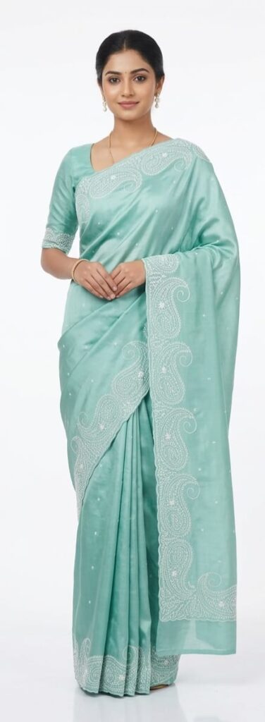 Seafoam Green Bangalore Silk Saree with Intricate White Paisley Embroidery – JBS222