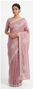 Dusty Rose Bangalore Silk Saree with Hand-Embroidered Scalloped Borders – JBS218