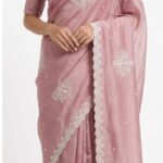 Dusty Rose Bangalore Silk Saree with Hand-Embroidered Scalloped Borders – JBS218