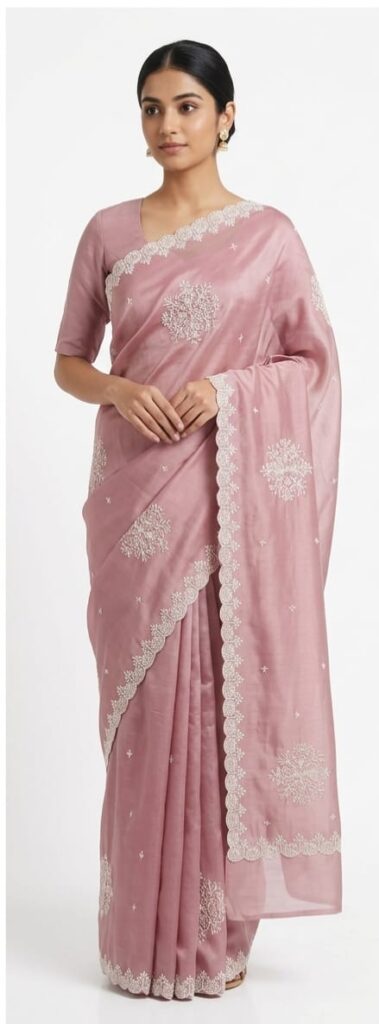 Dusty Rose Bangalore Silk Saree with Hand-Embroidered Scalloped Borders – JBS218