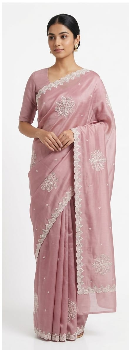 Dusty Rose Bangalore Silk Saree with Hand-Embroidered Scalloped Borders – JBS218