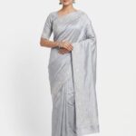 Elegant Silver Grey Bangalore Silk Saree with White Embroidery | Designer Party Wear Silk Saree