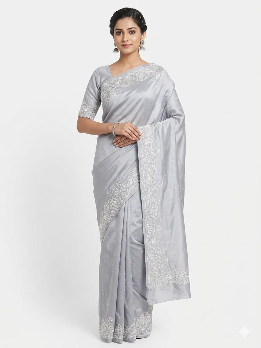 Elegant Silver Grey Bangalore Silk Saree with White Embroidery | Designer Party Wear Silk Saree