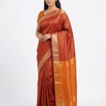 Premium Rust Orange Bangalore Silk Saree with Golden Zari Border | Traditional Party Wear Silk Saree