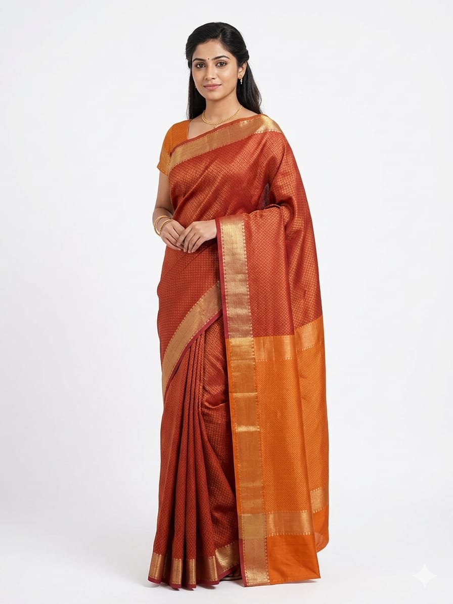 Premium Rust Orange Bangalore Silk Saree with Golden Zari Border | Traditional Party Wear Silk Saree