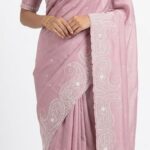 Elegant Dusty Pink Bangalore Silk Saree with White Embroidery Work | Premium Party Wear Saree