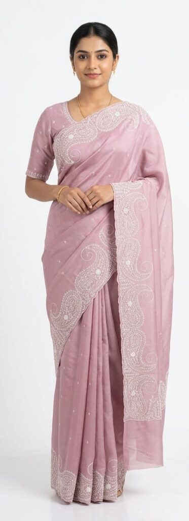 Elegant Dusty Pink Bangalore Silk Saree with White Embroidery Work | Premium Party Wear Saree