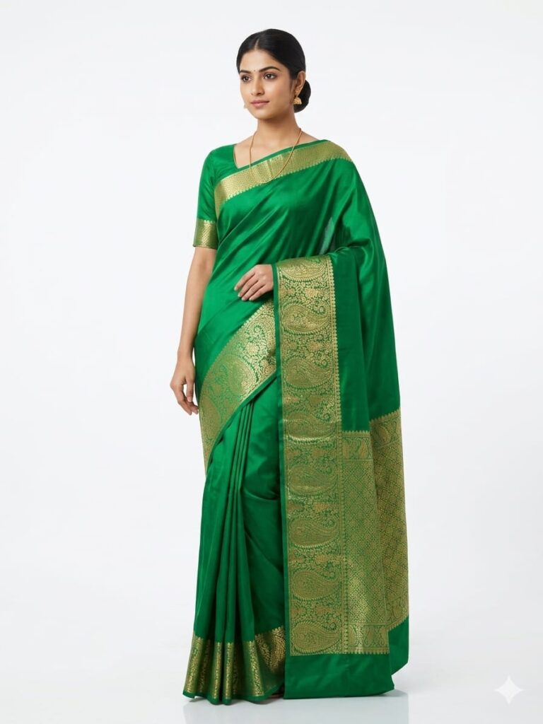 Vibrant Emerald Green Bangalore Silk Saree with Traditional Gold Zari Paisley Pallu – SKU: JBS209