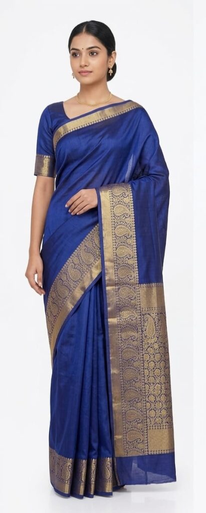 Royal Blue Bangalore Silk Saree with Traditional Paisley Gold Zari Border - JBS215